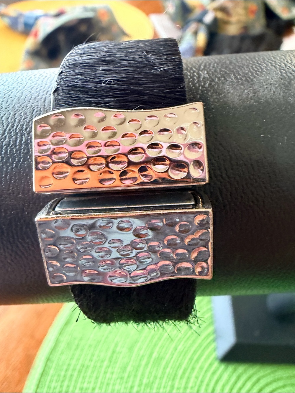 Rustic Cuff Black Ponyhair Bracelet with Hammered Silver-Tone Accents